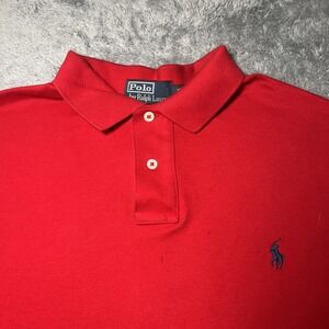 VTG Polo By Ralph Lauren Red Short Sleeve Shirt Navy Pony Custom Fit Cotton SZ L